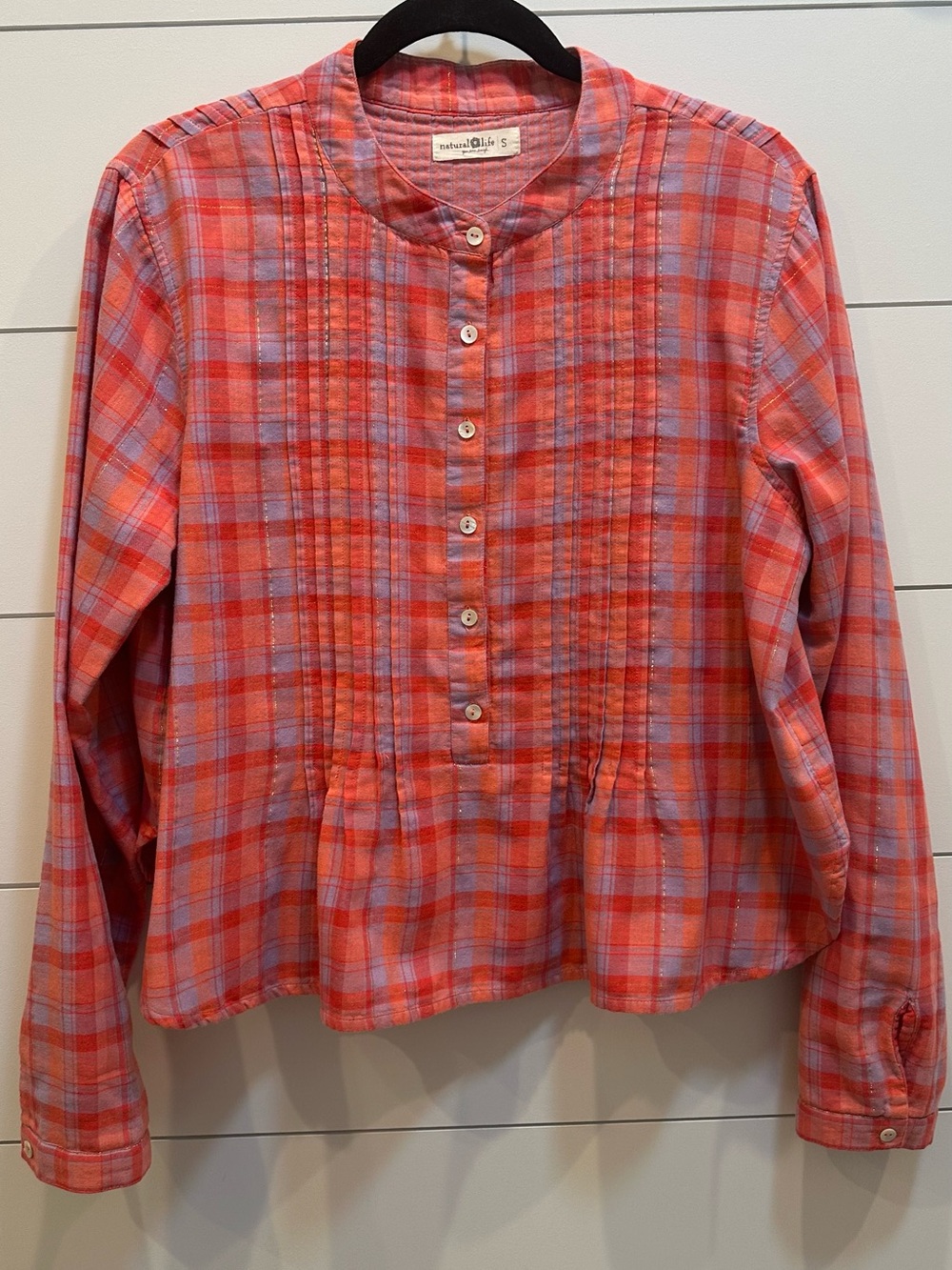 Natural Life pink/red/lavender plaid pattern super cute top size small. Like new